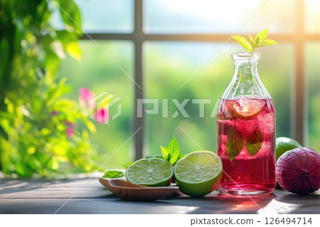 Refreshing beverage in a glass bottle with lime slices and mint leaves on a wooden table Refreshing beverage in a glass bottle with lime slices and mint leaves on a wooden table 126494714