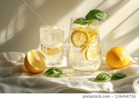 Refreshing beverage with lemon slices and basil leaves in a glass on a soft fabric background 126494716