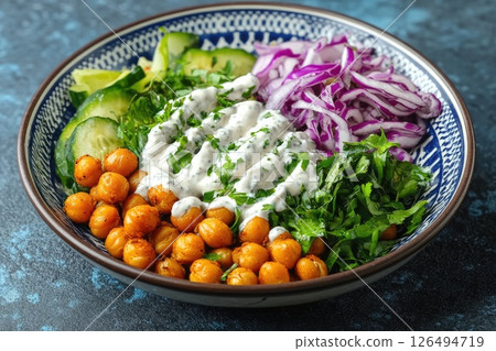 Colorful bowl of healthy chickpea salad with fresh vegetables and creamy dressing on a textured background 126494719