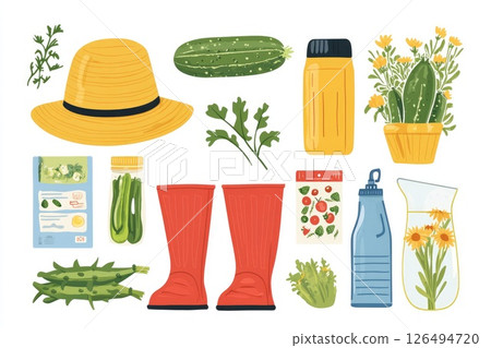 Gardening tools and supplies including hat, boots, plants, and vegetables in a colorful arrangement Gardening tools and supplies including hat, boots, plants, and vegetables in a colorful arrangement 126494720