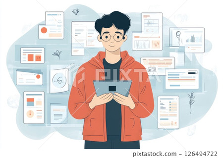 Young man in casual attire holding tablet surrounded by digital data and analytics visuals Young man in casual attire holding tablet surrounded by digital data and analytics visuals 126494722
