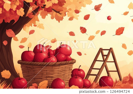Vibrant autumn scene with apple basket, falling leaves, and wooden ladder in a picturesque orchard Vibrant autumn scene with apple basket, falling leaves, and wooden ladder in a picturesque orchard 126494724