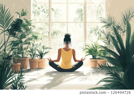 Woman meditating in a bright room surrounded by lush green plants and natural light streaming in 126494726