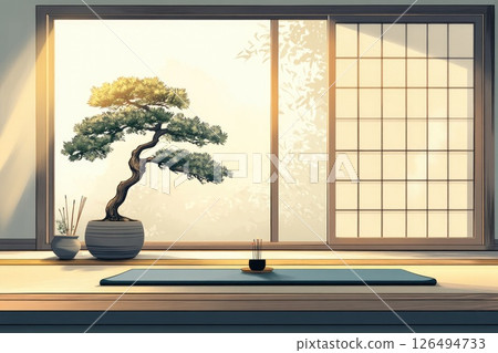 Serene indoor space with bonsai tree, yoga mat, and natural light creating a calming atmosphere Serene indoor space with bonsai tree, yoga mat, and natural light creating a calming atmosphere 126494733