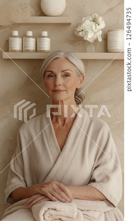Mature woman with gray hair in a cozy robe, relaxing in a serene spa environment with natural decor 126494735