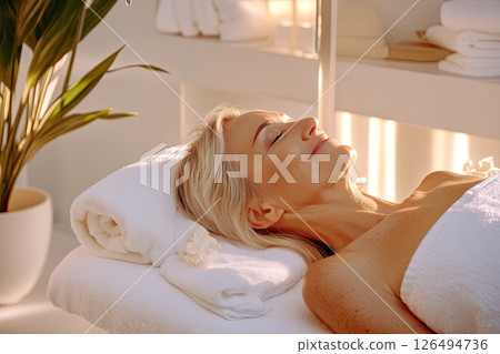 Relaxed woman enjoying a soothing spa treatment in a tranquil wellness environment 126494736