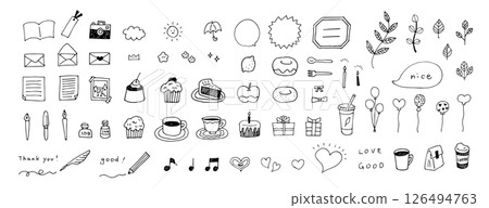 一組用於筆記本和日記的手繪裝飾插圖。咖啡館蛋糕、鬆餅、信件、備忘錄、相機、墨水 126494763