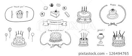 A hand-drawn illustration set of cute cakes and sweets. Anniversary cakes to celebrate weddings and birthdays. Girly ribbon 126494765