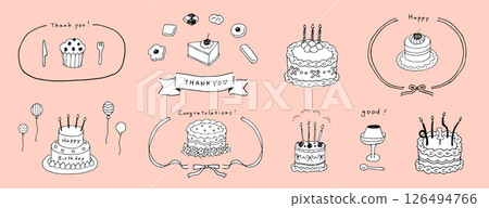 一組可愛的蛋糕和糖果手繪插圖。週年紀念蛋糕用於慶祝婚禮和生日。少女絲帶 126494766