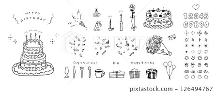 Hand drawn illustration set of a wedding or birthday party. Anniversary cake with candles. Bouquet of flowers, confetti, gift. Hand drawn illustration set of a wedding or birthday party. Anniversary cake with candles. Bouquet of flowers, confetti, gift. 126494767