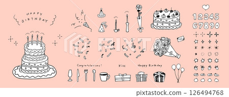 一組用於婚禮和生日慶祝派對的手繪插圖。插著蠟燭的周年紀念蛋糕。花束、五彩紙屑、禮物 126494768