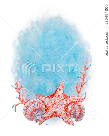 Watercolor illustration with red starfish, seashells and coral branches on a blue marine background with space for text, perfect for summer cards, invitations, and ocean-themed designs. Watercolor illustration with red starfish, seashells and coral branches on a blue marine background with space for text, perfect for summer cards, invitations, and ocean-themed designs. 126494800
