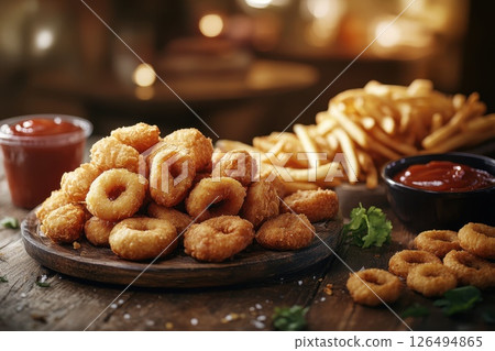 Crispy Fried Snack Platter with Chicken Bites, Onion Rings, French Fries, and Dipping Sauces 126494865