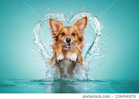 Happy Dog Jumping through Water Splash in Heart Shape against Turquoise Background Happy Dog Jumping through Water Splash in Heart Shape against Turquoise Background 126494878