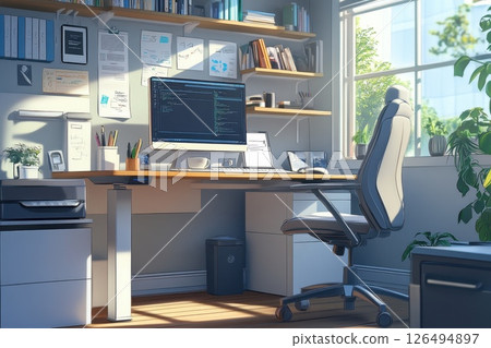 Modern Home Office Interior with Computer Workspace and Natural Light Streaming In Modern Home Office Interior with Computer Workspace and Natural Light Streaming In 126494897