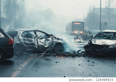 Foggy Road Accident Scene with Damaged Cars and Fog Surrounding the Area Foggy Road Accident Scene with Damaged Cars and Fog Surrounding the Area 126494915