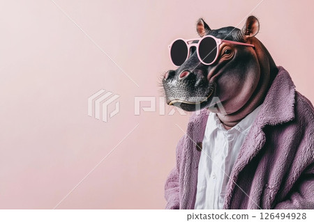 Stylish Hippo in Pastel Purple Jacket with Sunglasses Against Soft Pink Background 126494928