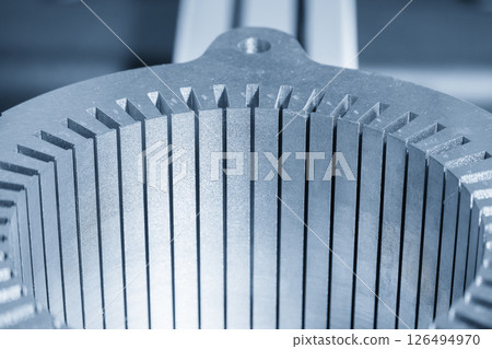 Close up scene the electric vehicle  stator parts in the light blue scene. 126494970