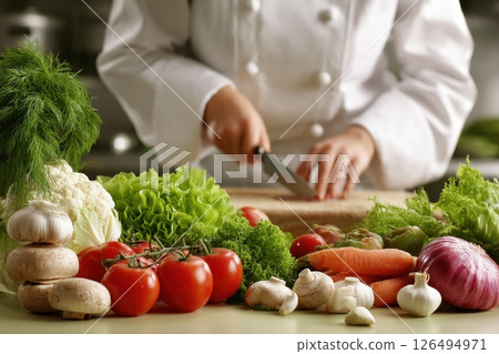 Chef Prepares Delicious Meal Using Fresh Organic Ingredients in Kitchen Environment 126494971