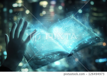 Enchanted Hand Reaching for Magic Book with Glowing Pages in Night City Background 126494973