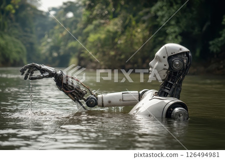 Futuristic Robot Arm Reaching Into Water Amidst Lush Greenery in a Serene Natural Setting Futuristic Robot Arm Reaching Into Water Amidst Lush Greenery in a Serene Natural Setting 126494981