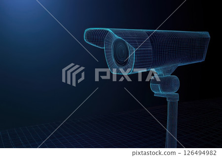 A futuristic looking camera with a blue background, A computer generated image of a security camera A futuristic looking camera with a blue background, A computer generated image of a security camera 126494982