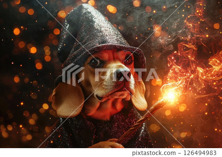 A dog is wearing a wizard hat and holding a wand, a spooky and mysterious mood A dog is wearing a wizard hat and holding a wand, a spooky and mysterious mood 126494983