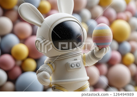 Cute child-sized astronaut character holding colorful egg among pastel spheres in the background Cute child-sized astronaut character holding colorful egg among pastel spheres in the background 126494989