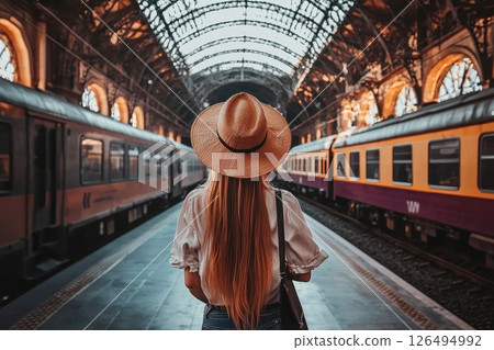 A woman wearing a straw hat stands on a train platform. Concept of anticipation and travel A woman wearing a straw hat stands on a train platform. Concept of anticipation and travel 126494992