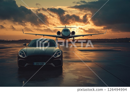 Business Class Luxury, Seamless Airport Transfer with High-End Car and Private Jet on Runway Business Class Luxury, Seamless Airport Transfer with High-End Car and Private Jet on Runway 126494994