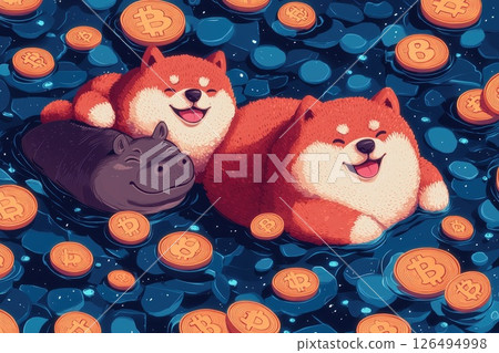 Fun Shiba Dog and Baby Hippopotamus with Coins in a Playful Scene Fun Shiba Dog and Baby Hippopotamus with Coins in a Playful Scene 126494998