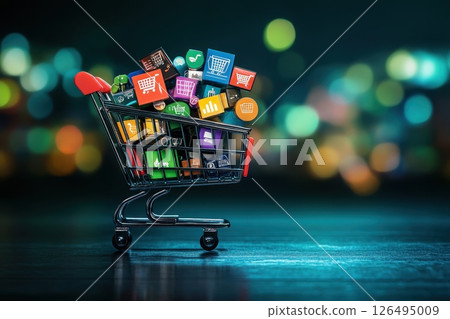 Colorful Icons in Shopping Cart Representing E-commerce and Online Retail Concept 126495009