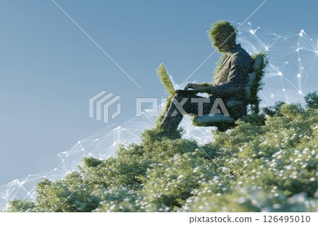 Man Working on Minimalist Desk Surrounded by Lush Greenery with Digital Elements 126495010
