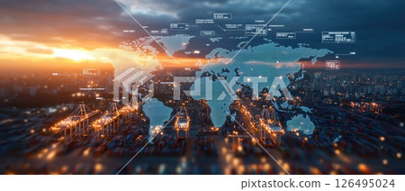 Futuristic Shipping Port with Holographic World Map and Business Data Overlays Futuristic Shipping Port with Holographic World Map and Business Data Overlays 126495024