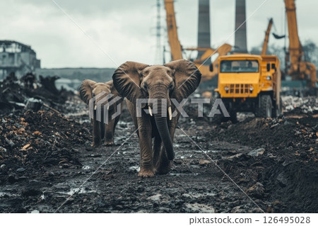 Elephants Walking Through Construction Site Landscape Elephants Walking Through Construction Site Landscape 126495028