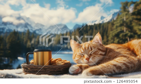 Cozy Winter Scene with Cat and Picnic Setup 126495054
