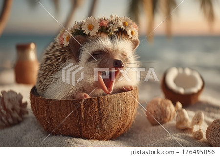 Adorable hedgehog nestled in coconut shell smiling on a sunny beach surrounded by shells 126495056