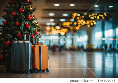 Luggage Near Christmas Tree in Airport Terminal with Blurred Background and Festive Decorations Creating a Cozy Holiday Atmosphere for Travelers Luggage Near Christmas Tree in Airport Terminal with Blurred Background and Festive Decorations Creating a Cozy Holiday Atmosphere for Travelers 126495071