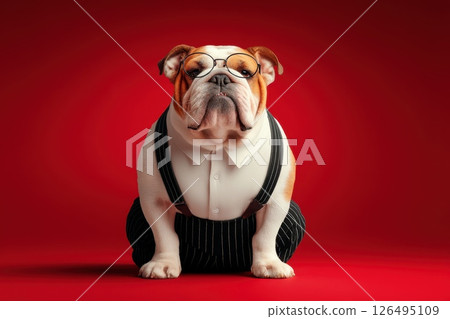 Stylish Bulldog Wearing Crisp White Shirt and Black Suspenders Against Red Background 126495109