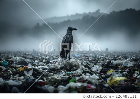 Bird Scavenges for Food in Smoky Landfill Setting with Misty Hills in Background 126495111