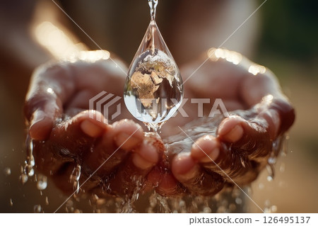 Clear Water Droplet Suspended Above Human Hands Showing Earth in Reflection 126495137