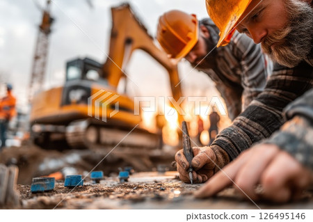 Construction Workers Collaborating on a Project with Heavy Machinery in the Background Construction Workers Collaborating on a Project with Heavy Machinery in the Background 126495146