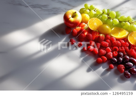 Colorful Assortment of Fresh Fruits and Vegetables on a Marble Surface with Shadows Colorful Assortment of Fresh Fruits and Vegetables on a Marble Surface with Shadows 126495159
