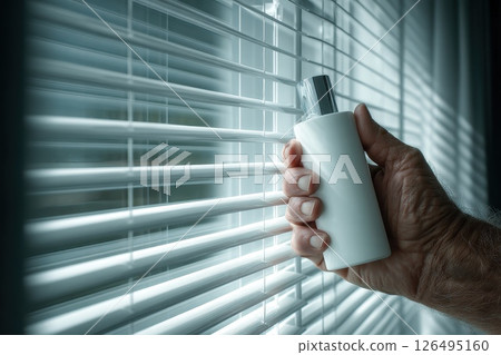 Hand of a Man Holding an Eco-Friendly Cleanser Bottle Near Window Blinds in Soft Natural Light Hand of a Man Holding an Eco-Friendly Cleanser Bottle Near Window Blinds in Soft Natural Light 126495160