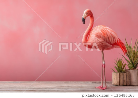 Pink Flamingo Standing Awkwardly in Hallway Corner with Pots of Green Plants Pink Flamingo Standing Awkwardly in Hallway Corner with Pots of Green Plants 126495163