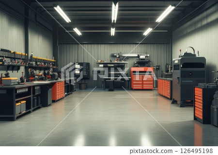 A large, empty workshop with a lot of tools and equipment A large, empty workshop with a lot of tools and equipment 126495198