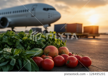 Fresh Fruits and Vegetables beside Cargo Plane Fresh Fruits and Vegetables beside Cargo Plane 126495201