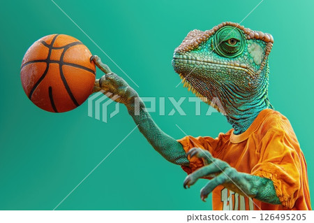 Vibrant Photorealistic Portrait of a Chameleon Playing Basketball in Dynamic Color Palette Vibrant Photorealistic Portrait of a Chameleon Playing Basketball in Dynamic Color Palette 126495205