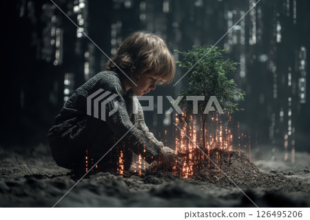 Child Planting Small Tree with Glowing Leaves in Mystical Environment 126495206