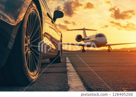 Luxurious Black Sedan Parked on Runway Beside Private Jet During Sunset 126495208